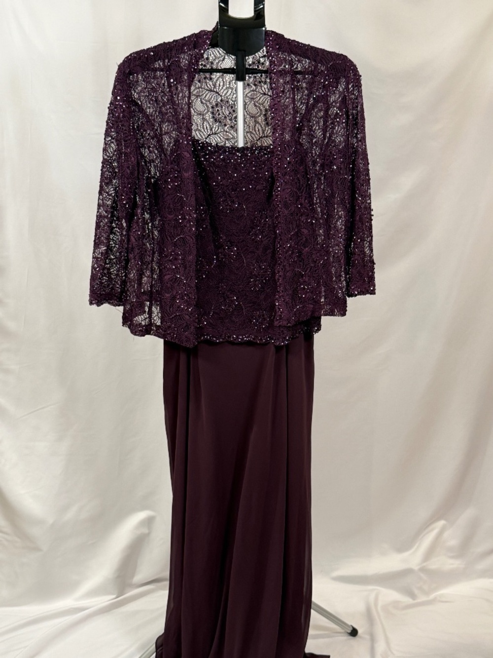Karen Miller Plum Beaded Lace 3 Pc Set 16W Evening Dress + 2 Jackets Formal